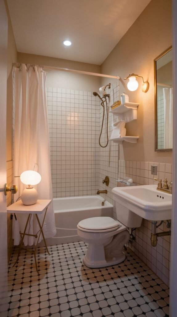 Cozy Small Full Bathroom featuring high-contrast black and white geometric patterned floor tiles and ambient light provided by a small table lamp on a folding side table.