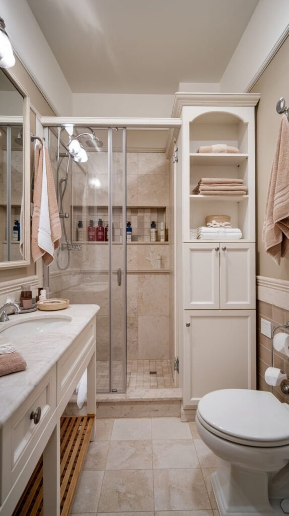 Cozy Small Full Bathroom in neutral tones, featuring a large built-in white linen cabinet next to the toilet, a marble vanity, and a glass shower stall.