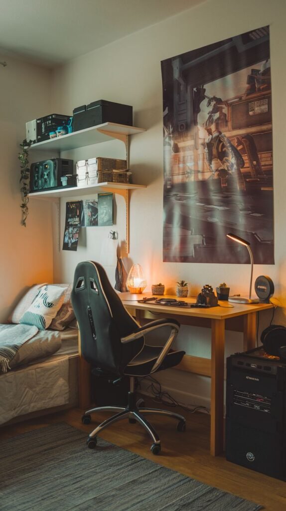 Cozy Small Gamer Bedroom with a light wood desk, black and white racing chair, low bed, white floating shelves densely packed with storage, and a large vertical gaming poster on the wall.