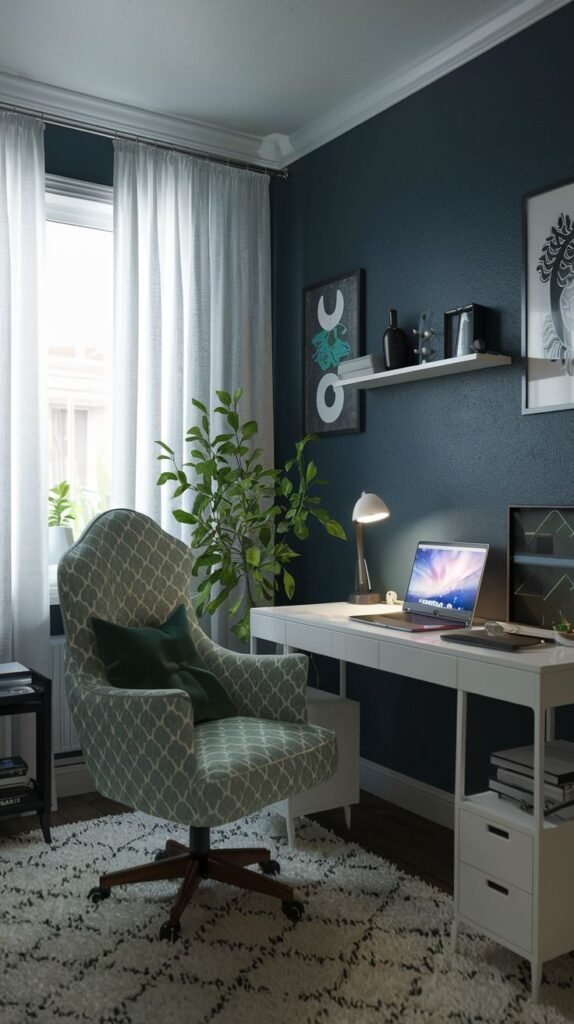 Cozy Small Gamer Bedroom with dark navy walls, a sleek white desk setup, a large patterned plush armchair used as seating, and a shaggy white rug.