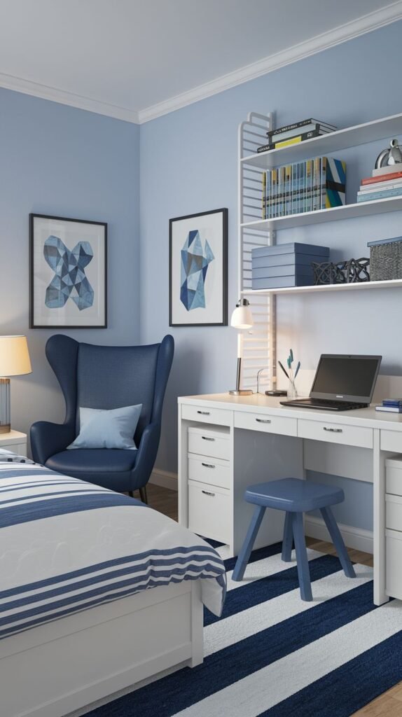 Cozy Small Gamer Bedroom with light blue walls, a white multi-drawer desk, white wire shelving, a navy blue wingback armchair, and a bold blue and white striped rug.