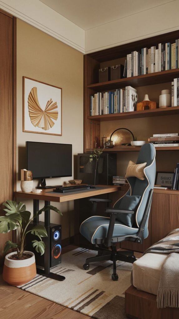 Cozy Small Gamer Bedroom with a rich wood built-in corner bookcase next to the bed, incorporating a desk space and a light blue and beige gaming chair.
