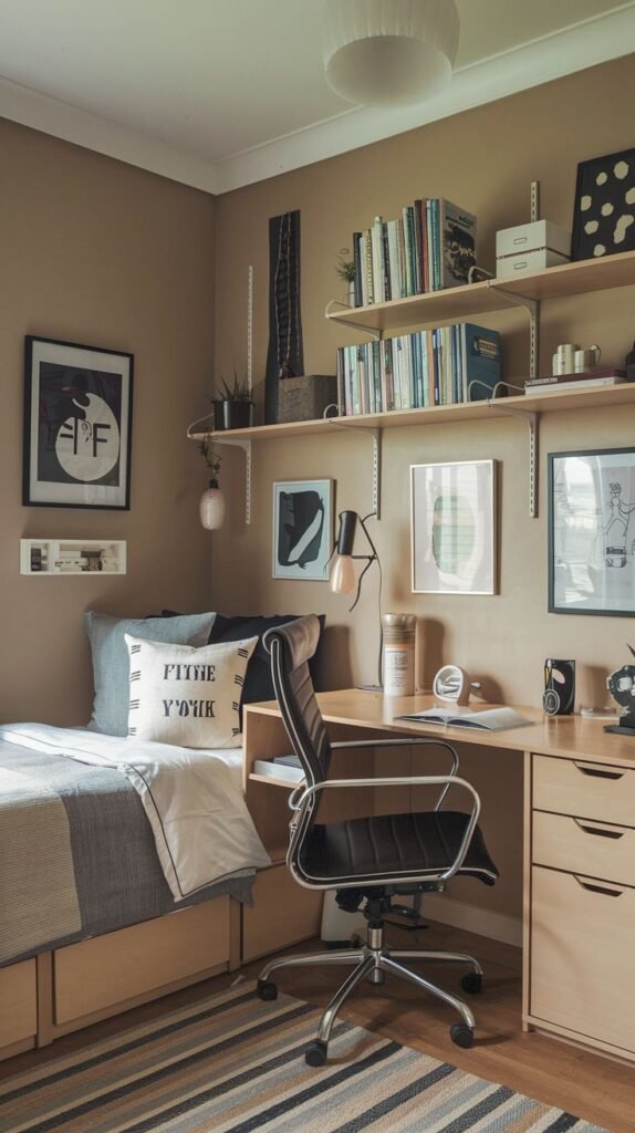 Cozy Small Gamer Bedroom with beige walls and light wood L-shaped furniture integrating the bed (with drawers) and a large desk with floating shelves above, anchored by a striped rug.