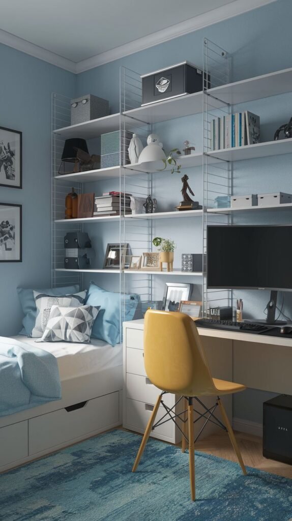 Cozy Small Gamer Bedroom with light blue walls, a tall white wire shelving system over the desk, a bed with under-bed storage, and a bright yellow molded plastic chair.