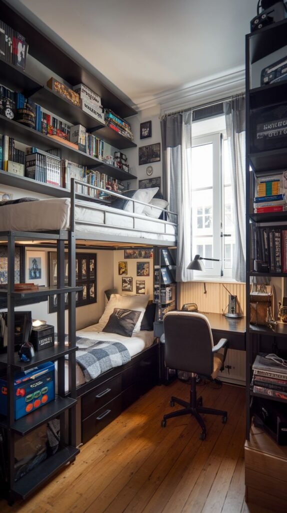 Cozy Small Gamer Bedroom utilizing a dark metal loft/bunk bed structure, maximizing space vertically with shelving built into the framing around the lower sleeping area and desk.