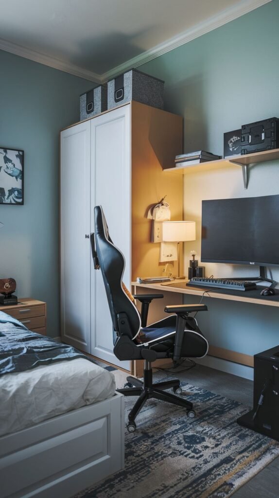 Cozy Small Gamer Bedroom with soft teal walls, a white wardrobe, a natural wood desk surface, and a black and orange racing chair on a distressed area rug.