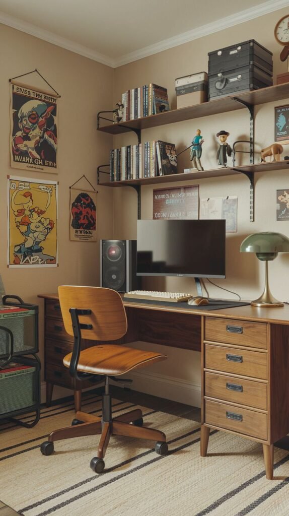 Cozy Small Gamer Bedroom with a retro-style wood desk with drawers, a classic wood-backed desk chair, dark floating shelves displaying collectibles, and vintage posters on beige walls.