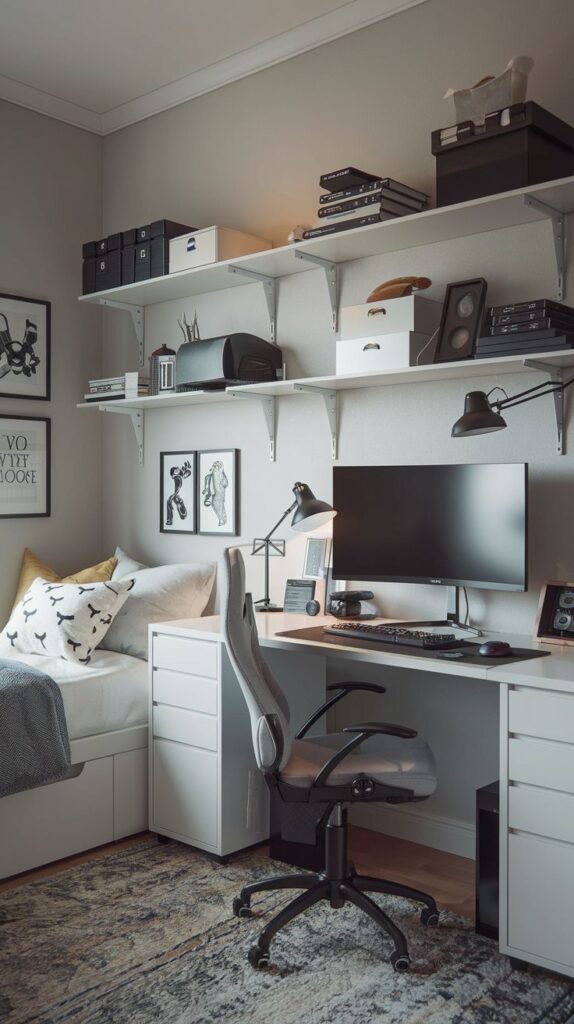 Cozy Small Gamer Bedroom using an all-white furniture scheme (desk, bed with storage, shelves) contrasted by a busy grey and black patterned area rug and a light grey ergonomic chair.