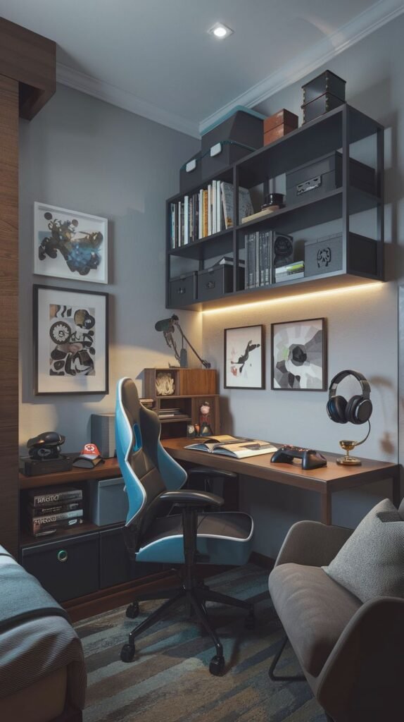 Cozy Small Gamer Bedroom featuring a dark wood desk and a sleek black metal shelving unit with internal lighting above the workspace, complemented by a blue and black gaming chair and a small armchair.