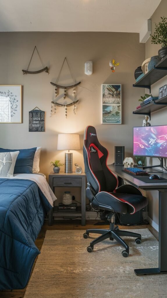Cozy Small Gamer Bedroom combining taupe walls with navy blue bedding; the dark gaming desk features a red and black racing chair, floating black shelves, and boho-inspired stick and shell wall hangings.