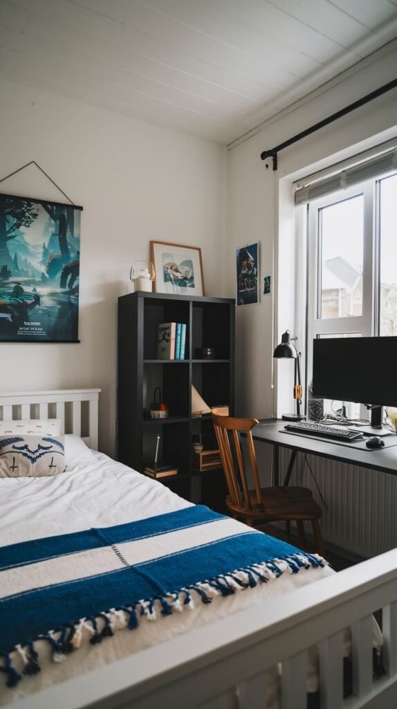 Cozy Small Gamer Bedroom with white shiplap walls, a white bed frame with blue striped blanket, and a simple black desk setup near the window with a dark cube shelving unit acting as a divider.