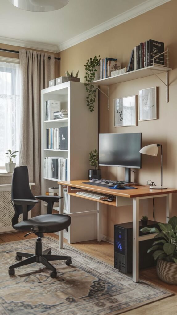 Cozy Small Gamer Bedroom with warm beige walls, a freestanding white bookcase, a wood-topped desk, and a simple black office chair on a traditional patterned rug.