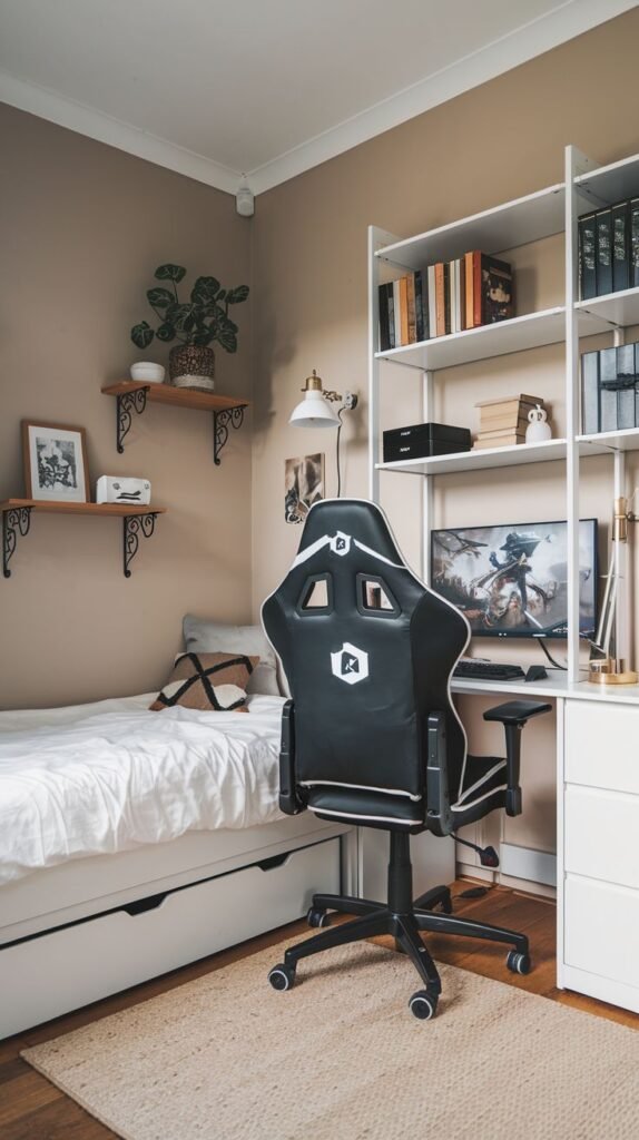 Cozy Small Gamer Bedroom in warm taupe and white tones, featuring a white bed with under-bed storage, a full-wall white shelving system, and a prominent black and white racing chair.