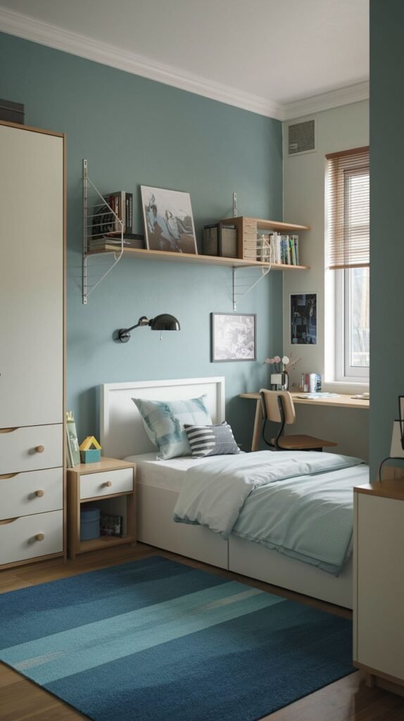 Cozy Small Gamer Bedroom with tranquil teal walls, light wood floating shelving, a white storage bed, and a long blue striped area rug defining the space.