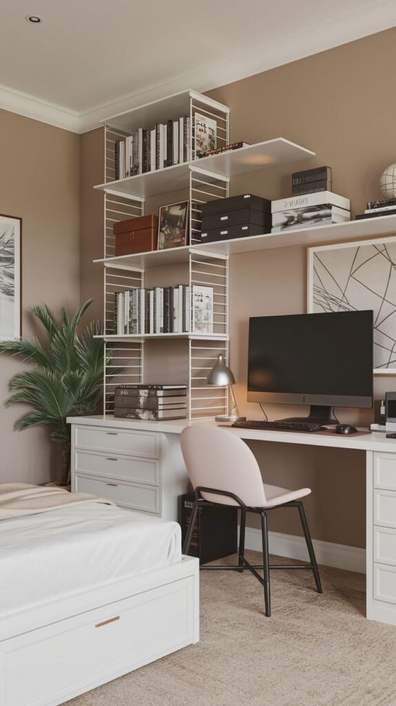 Cozy Small Gamer Bedroom featuring extensive white modular shelving layered above a white desk and drawer system, against a taupe wall, including a large indoor palm plant.