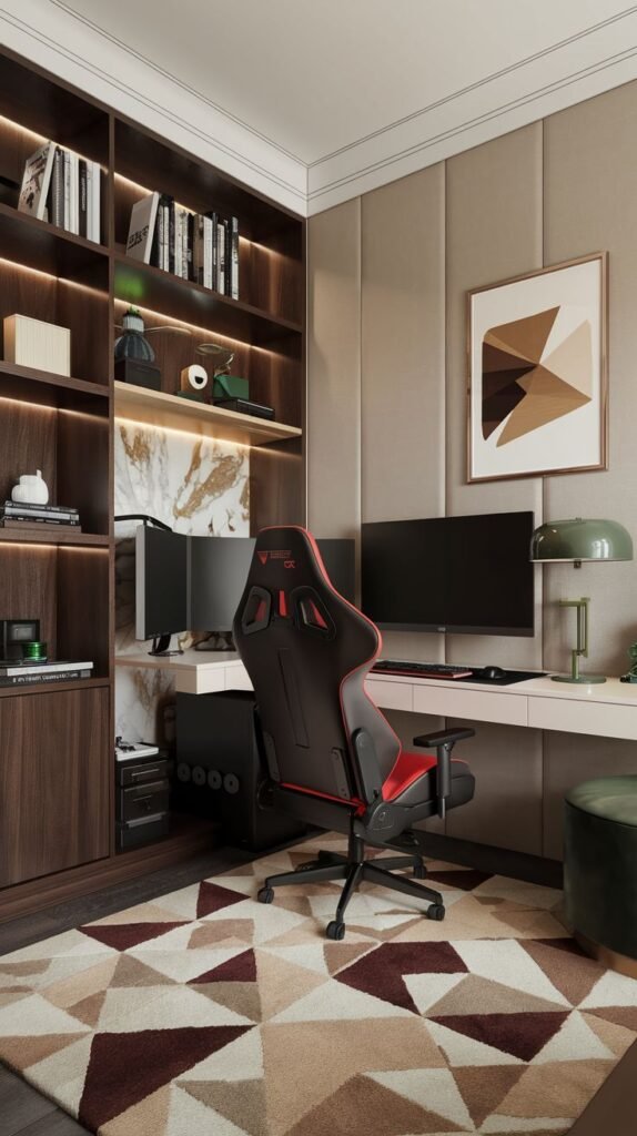 Cozy Small Gamer Bedroom with rich dark wood built-in library shelves (lit internally), beige padded wall panels, a multi-monitor setup on a light desk, and a red and black gaming chair on a geometric rug.