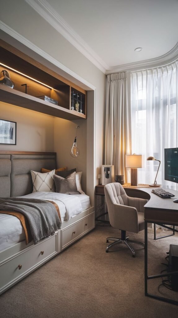 Cozy Small Gamer Bedroom featuring a built-in bed niche with under-drawer storage and an integrated lighted wooden shelf above the headboard, next to a dark desk and a textured beige chair.