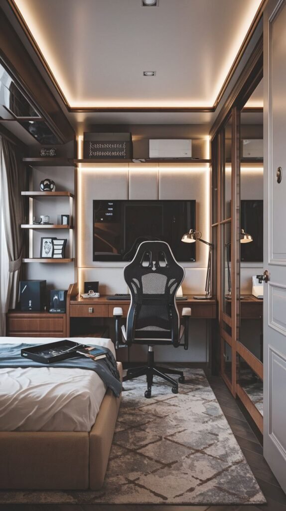 Cozy Small Gamer Bedroom utilizing built-in dark wood cabinetry and trim, with concealed perimeter lighting, a central desk, a wall-mounted TV, and a white mesh-backed racing chair.