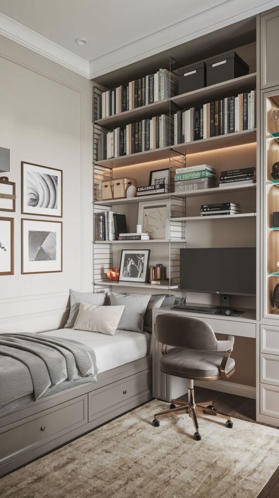 Cozy Small Gamer Bedroom featuring a tall, sophisticated grey shelving system with integrated lighting above a built-in grey storage bed and desk area, accented by a velvet taupe chair with a gold base.
