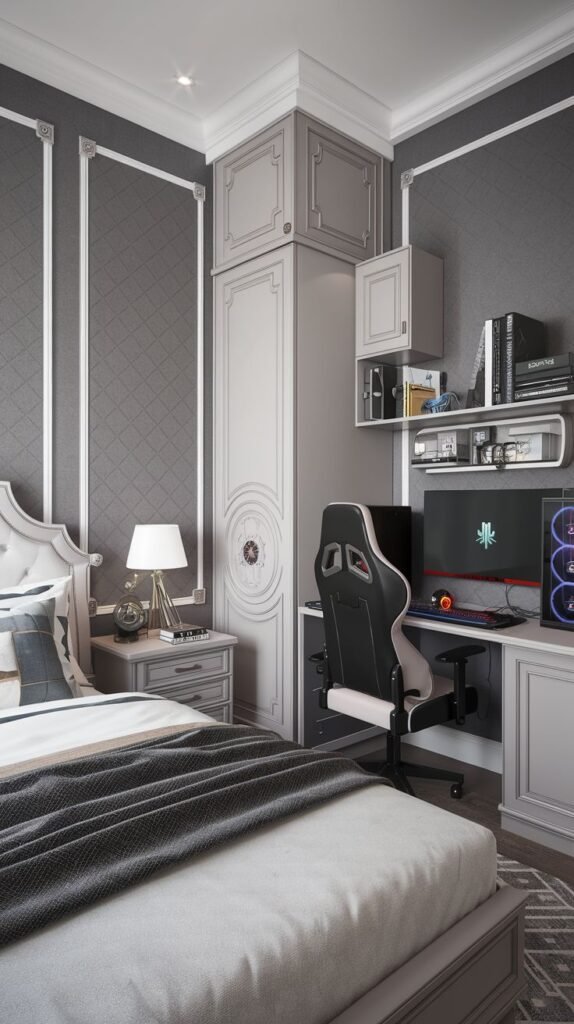 Cozy Small Gamer Bedroom showcasing neo-classical design with dark grey patterned walls, white decorative trim, a corner wardrobe unit, and a black and white racing chair at a modern white desk.