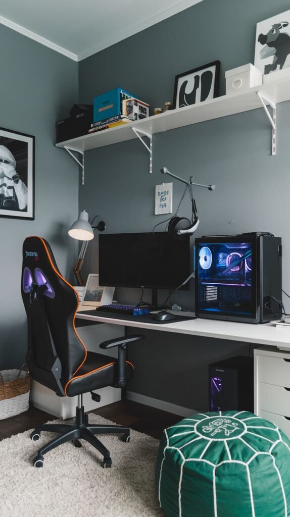 Cozy Small Gamer Bedroom with cool grey walls, a long white desk holding an illuminated PC tower, a black and orange gaming chair, and a bright green textured pouf on a white shag rug.