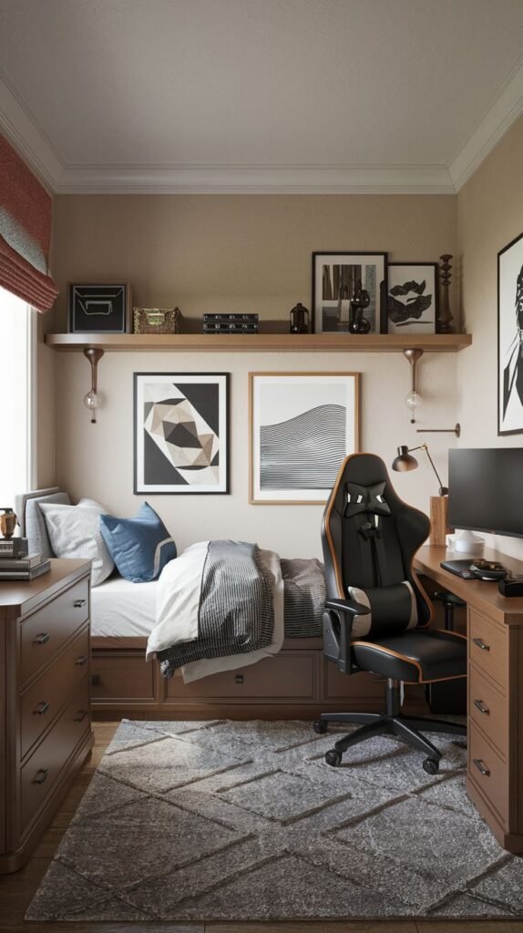 Cozy Small Gamer Bedroom focused on dark wood furniture, including a daybed with drawers and matching drawer units, floating shelving, and a black and orange racing chair on a grey geometric rug.