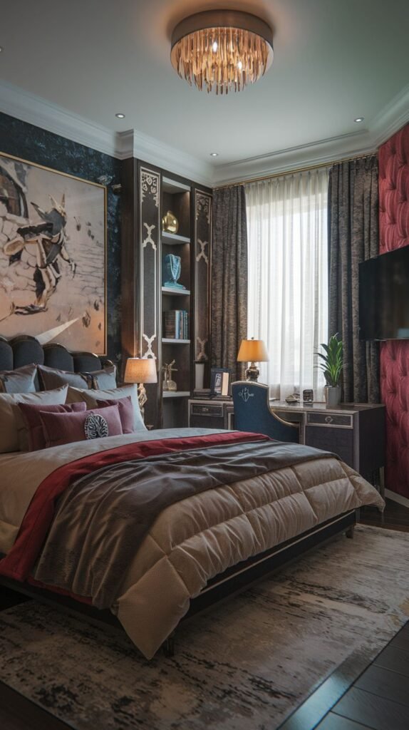 Cozy Small Gamer Bedroom featuring a large bed with plush bedding, dark, dramatic textured walls (including a red tufted panel), a built-in desk area with blue chair, and a crystal chandelier-style ceiling fixture.