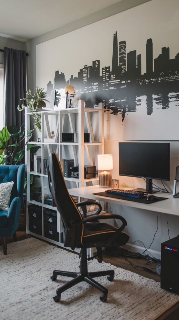 Cozy Small Gamer Bedroom with a striking black and white cityscape mural wall, a white cubby shelving unit, a white desk, and a black and orange gaming chair on a fluffy white rug.
