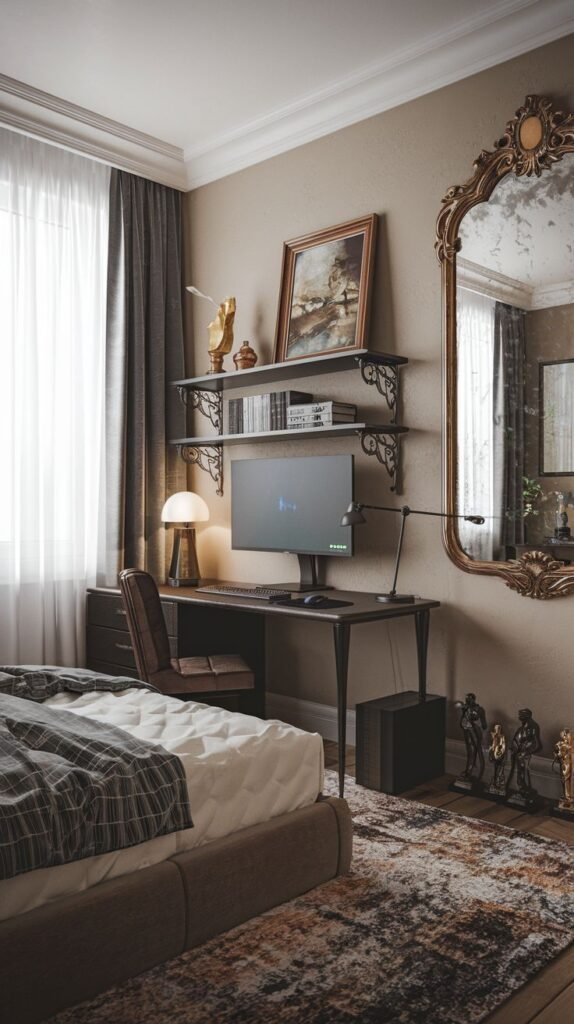 Cozy Small Gamer Bedroom featuring a dark, traditional desk setup next to a bed, with a large ornate gold-framed mirror and dark shelves against a beige wall.