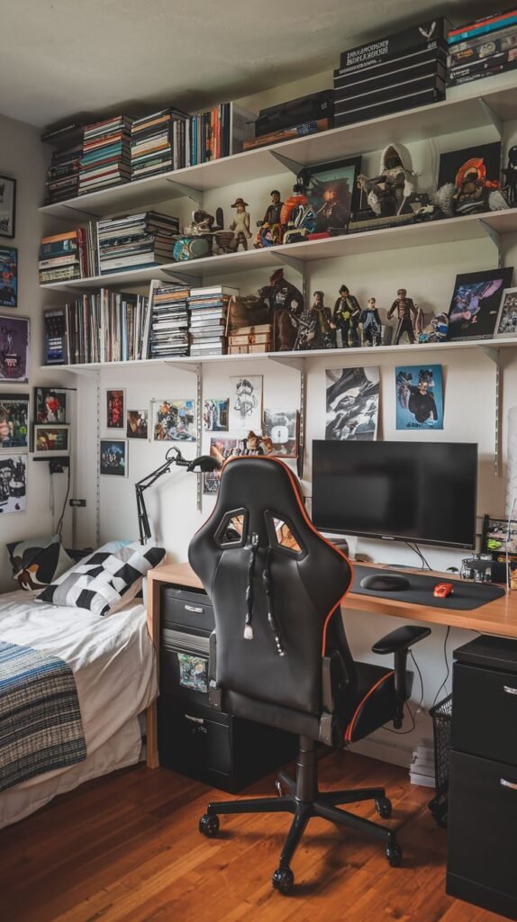 Cozy Small Gamer Bedroom maximizing space with floor-to-ceiling white shelving filled with books, action figures, and memorabilia, placed next to a bed and a wooden desk with a black and orange gaming chair.