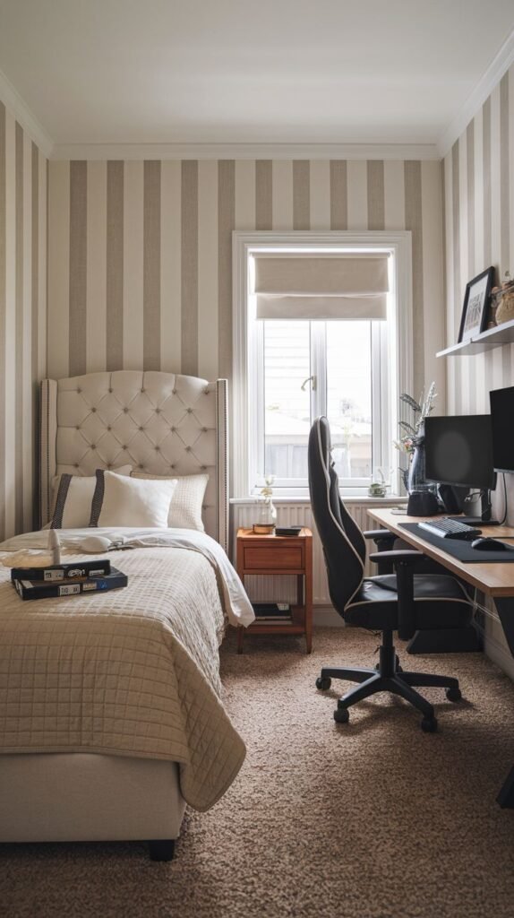 Cozy Small Gamer Bedroom showing neutral vertical striped wallpaper, a plush tufted headboard, and a subtle wood desk setup with a black and white gaming chair near the window.