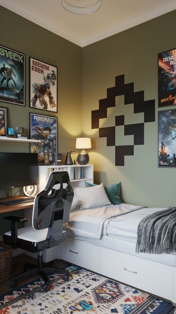 Cozy Small Gamer Bedroom featuring olive green walls, a storage platform bed, a pixelated dark decal wall accent, and a black and white racing chair at a corner desk.