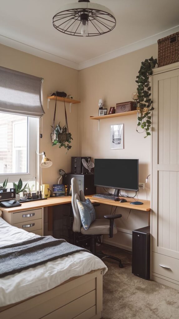 Cozy Small Gamer Bedroom L-shaped wood desk setup near a window, surrounded by beige walls, natural light, hanging vines, potted plants, and light-toned furniture.