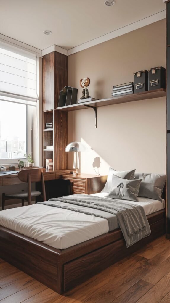 Cozy Small Gamer Bedroom with rich dark wood finishes on the bed frame, shelving, and desk, contrasting with warm beige walls and featuring ample built-in storage next to the sleeping area.