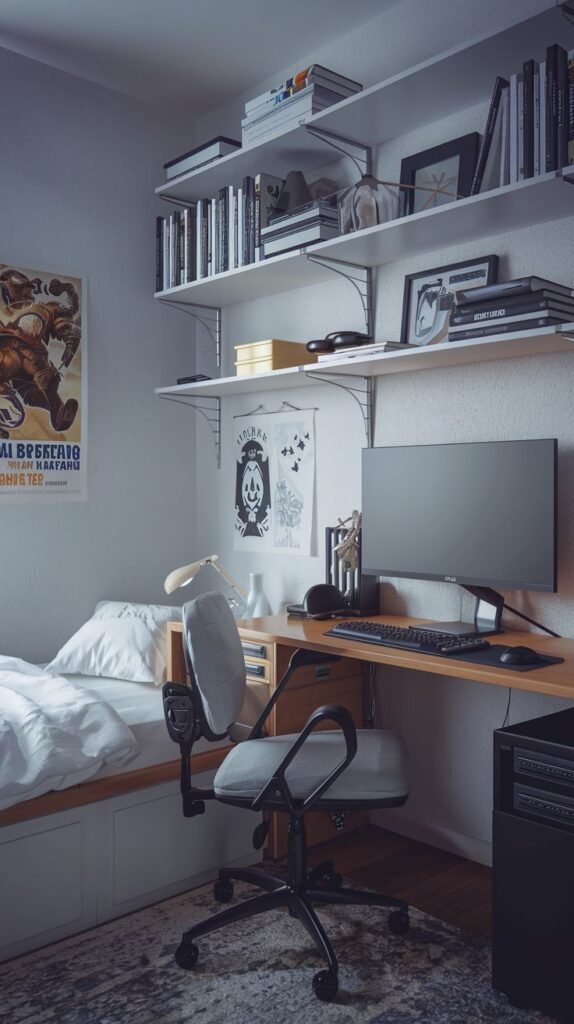 Cozy Small Gamer Bedroom in neutral tones featuring a bed with under-drawer storage, a light wood desk, and high white floating shelves supported by metal brackets.