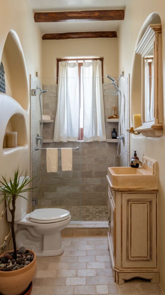 Earthy Small Full Bathroom in a Tuscan style with light textured walls, curved archways, exposed dark wood beams, and a distressed wooden vanity beneath an arched mirror.