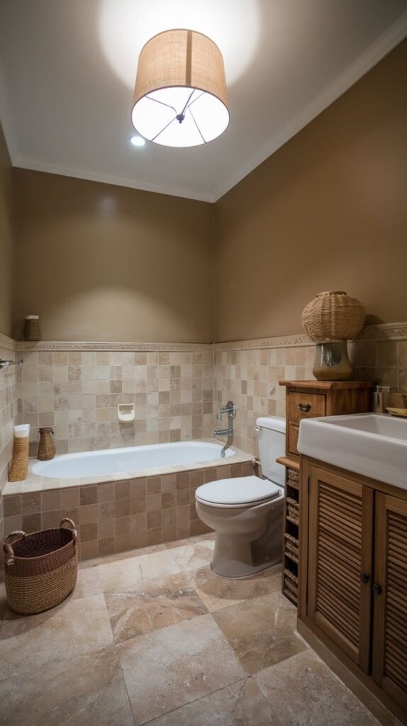 Earthy Small Full Bathroom featuring polished beige and brown natural stone flooring, tiled tub surround, light tan walls, and a large central ceiling fixture covered in natural woven fabric.