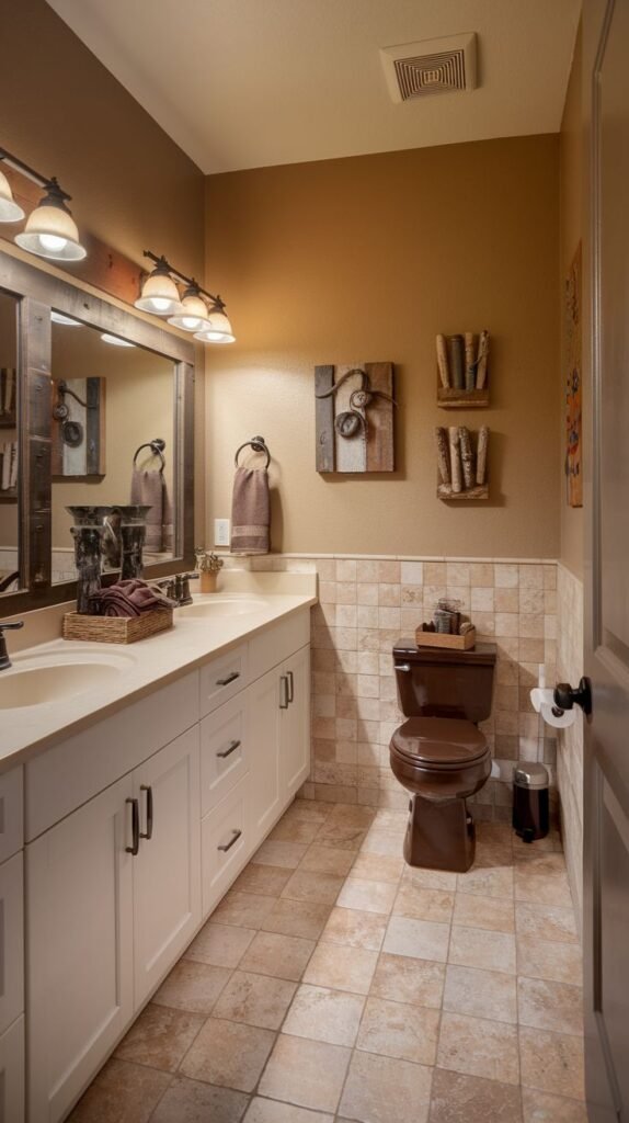Earthy Small Full Bathroom featuring a long white double vanity, warm brown walls, beige tiled wainscoting, and a striking dark brown, almost black, toilet contrasting the light floor tiles.