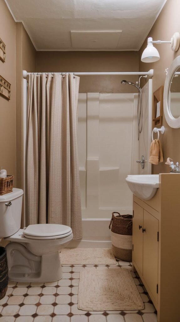 Earthy Small Full Bathroom with taupe walls, a cream-colored vanity, and a vintage-style floor tiled in white squares with small black/brown diamond patterns.