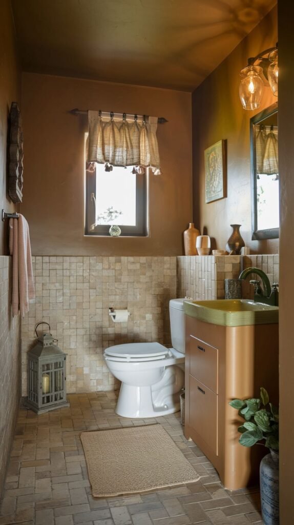 Earthy Small Full Bathroom (powder room view) with deep cocoa brown walls, beige square mosaic wainscoting tiles, brick-like floor tiles, and a small wooden vanity topped with a muted moss-green sink basin.