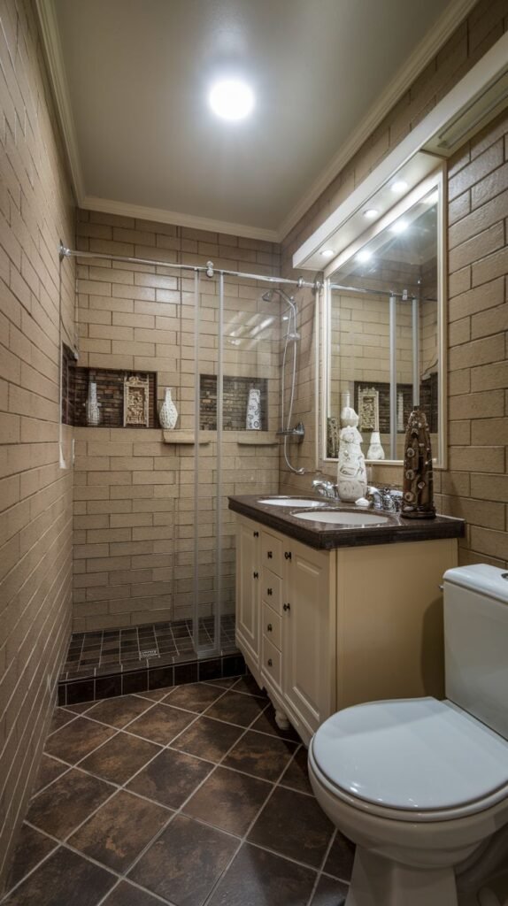 Earthy Small Full Bathroom clad entirely in rectangular tan brick-look wall tiles, dark brown patterned floor tiles, a cream-colored vanity, and a frameless glass shower enclosure.