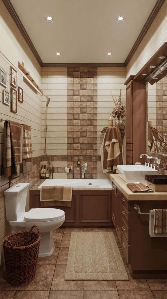 Earthy Small Full Bathroom featuring a vertical design: white/beige tiles flanking a central strip of brown mosaic accent tiles, rich chocolate brown cabinetry, and matching dark floor tiles.