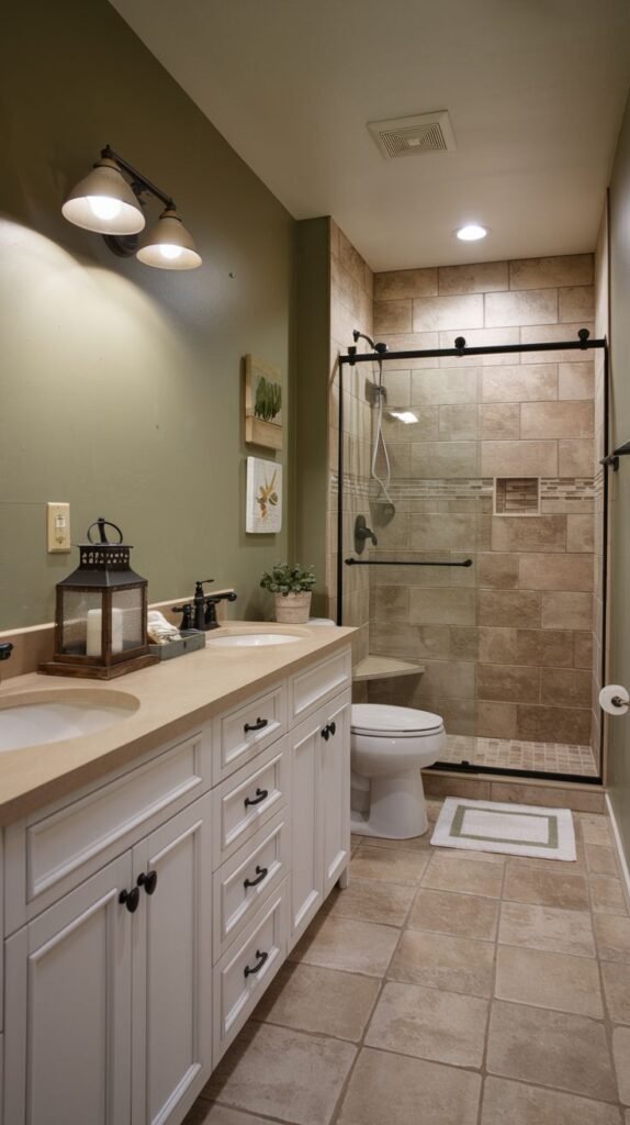 Earthy Small Full Bathroom with pale sage green walls, a white double shaker vanity with a cream countertop, large rectangular beige shower tiles, and a modern sliding glass door with black framing.