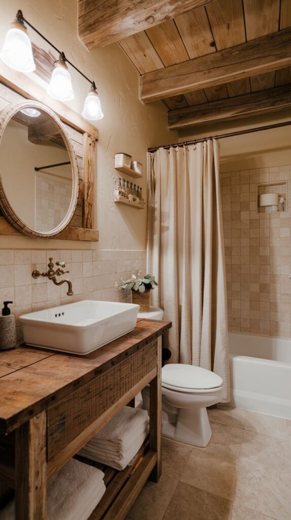 Earthy Small Full Bathroom with a rustic aesthetic, showcasing exposed wooden plank ceiling, a raw, reclaimed wood vanity base, a white vessel sink, and beige square tiled walls around the tub area.