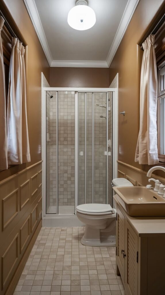 Earthy Small Full Bathroom in a narrow configuration with glossy brown walls, traditional brown wood panel wainscoting, a beige sink basin, and a central shower stall with folding glass doors.