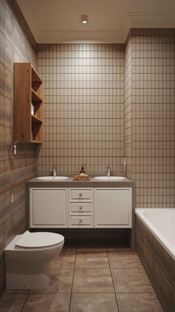 Earthy Small Full Bathroom utilizing monochromatic taupe/brown square tiled walls and darker textured floor tiles, featuring a contemporary white floating double vanity and a built-in tub.