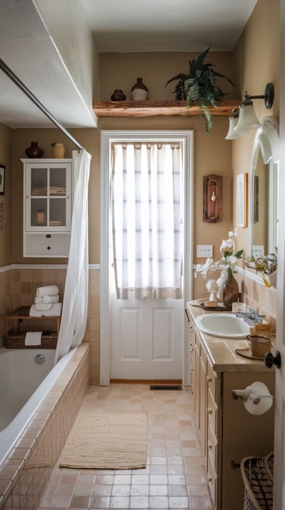 Earthy Small Full Bathroom with tan walls, light beige square tiles covering the tub surround and lower walls, a wide wooden shelf spanning the room above a door, and a woven rug.