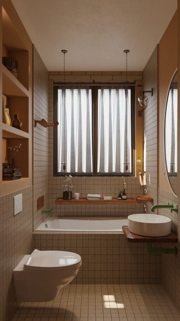Earthy Small Full Bathroom with square beige wall tiles, wooden accent shelves suspended by chains over the tub, a white vessel sink on a wood slab, and light gray curtains over the window.