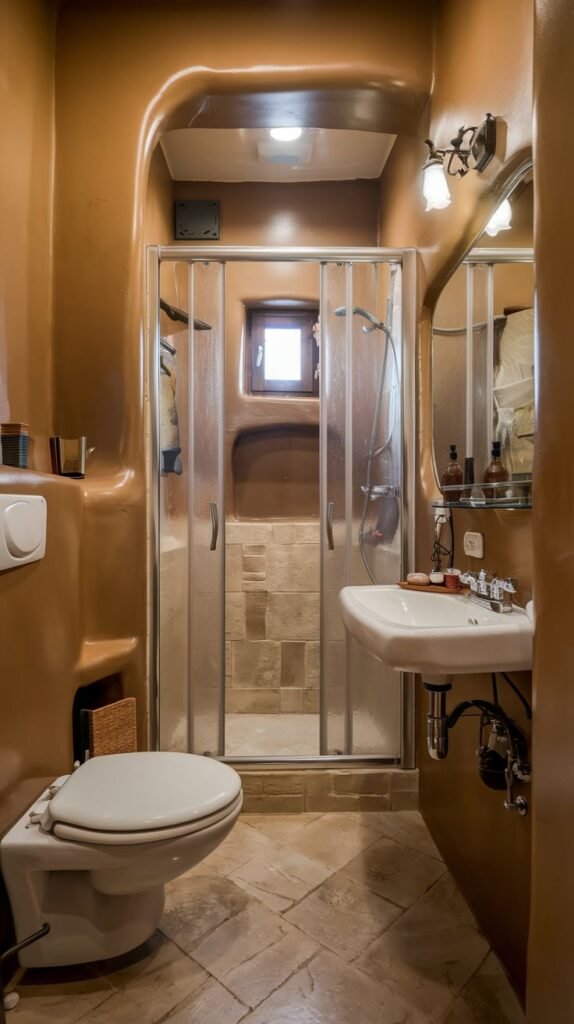 Earthy Small Full Bathroom featuring highly sculpted, thick, curved brown stucco walls, irregularly shaped stone floor tiles, and a central shower stall with a small window and folding glass door.