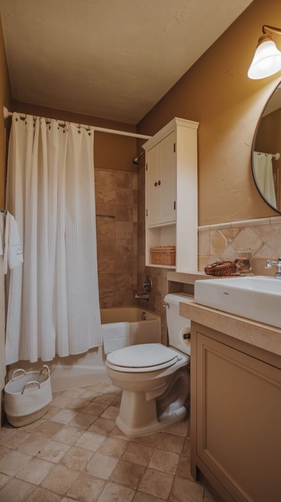 Earthy Small Full Bathroom featuring warm tan walls, light brown tiled tub surround, a white storage cabinet above the toilet, and a compact beige vanity with a white rectangular sink.